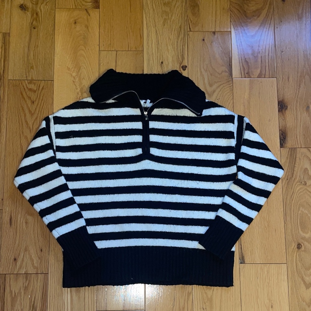 Twik Black and White Striped Zip-Up Sweater